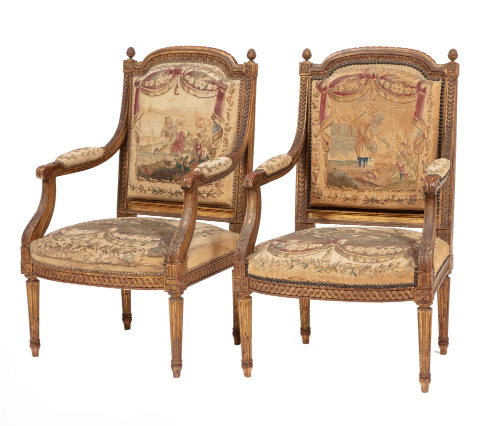 Appraisal: Pair of Louis XVI Carved Giltwood Fauteuils late th c