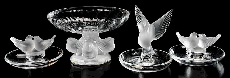 Appraisal: Four Lalique Glass Figural Articles three ashtrays small compote all