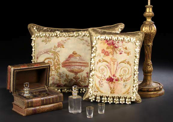 Appraisal: Two-Piece Graduated Set of Antique Aubusson Tapestry-Faced Sofa Pillows the