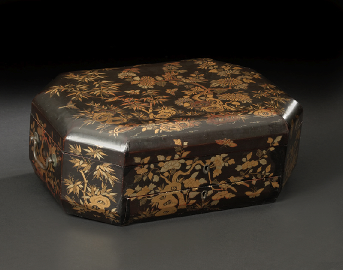 Appraisal: Large Chinese Export Deux-Couleur-Gilded Black Lacquer Octagonal Work Box second