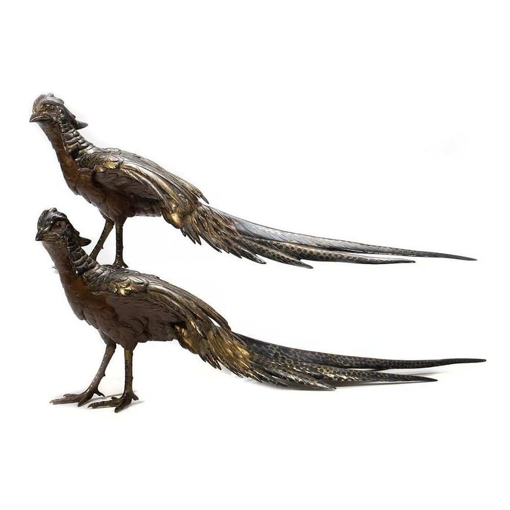 Appraisal: Pair of Asian Bronze Figures of Pheasants Gilt and patinated