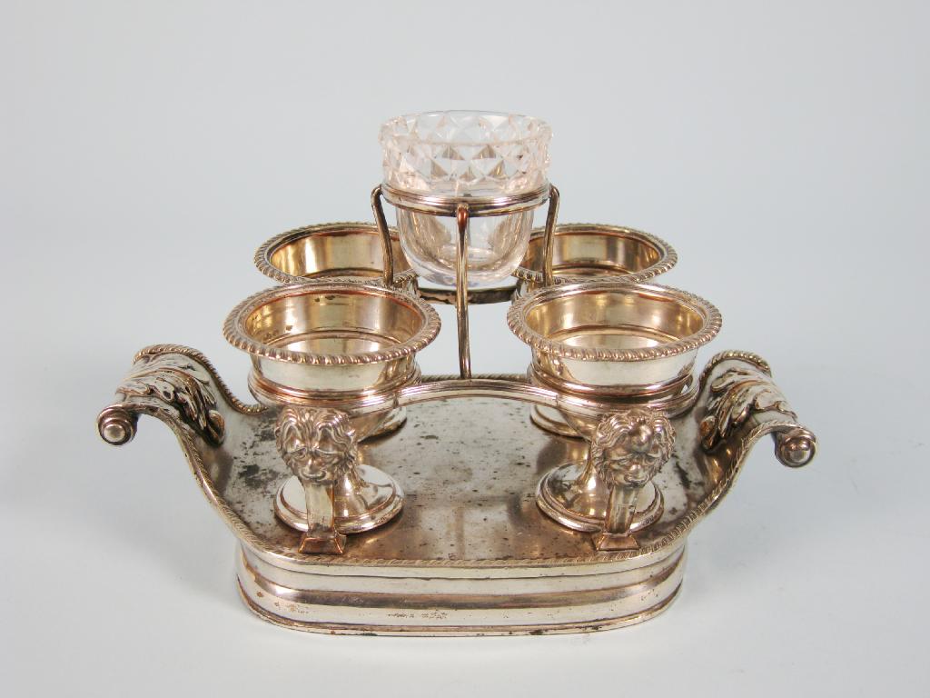 Appraisal: A Sheffield plated four Egg Cup Cruet with original glass