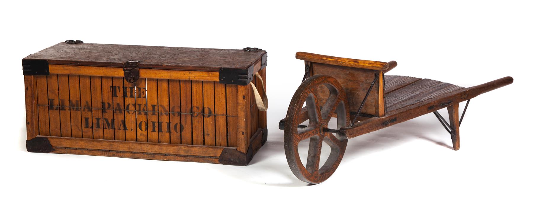 Appraisal: SINGLE-WHEEL TROLLEY CART AND A SHIPPING CRATE FROM THE LIMA