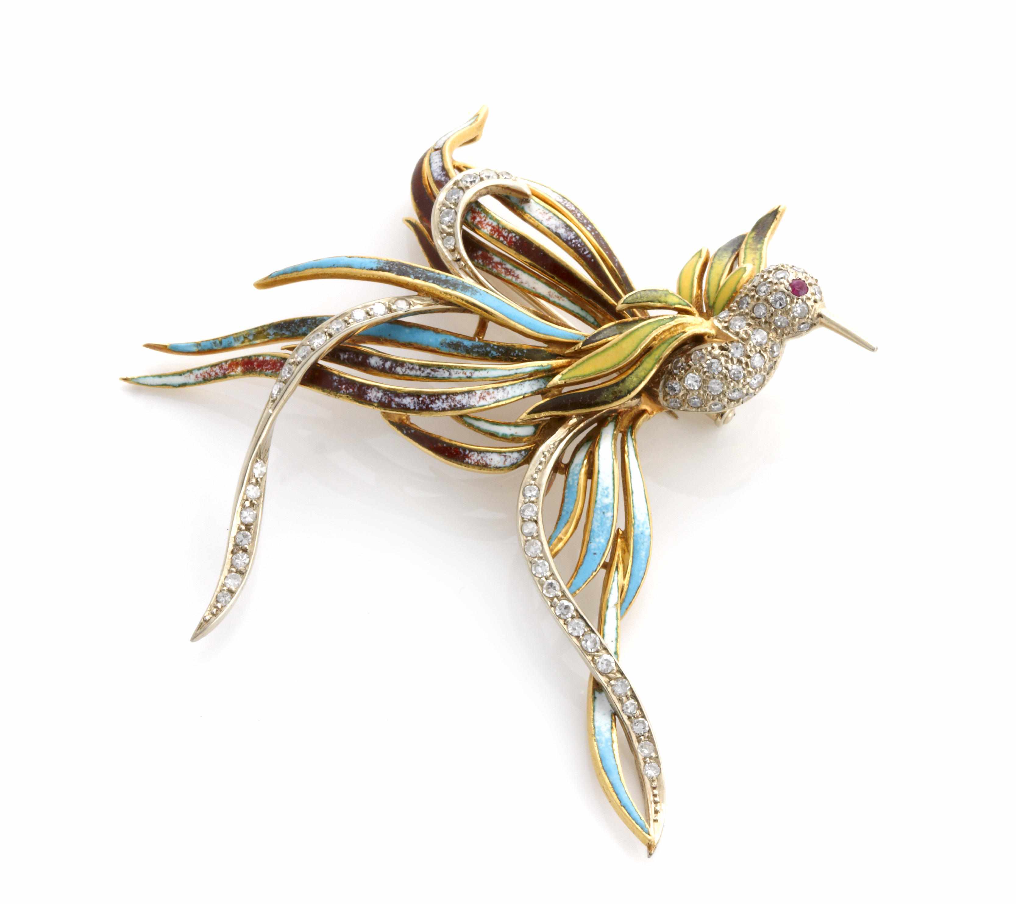 Appraisal: An enamel diamond and bicolor gold bird brooch dimensions approximately