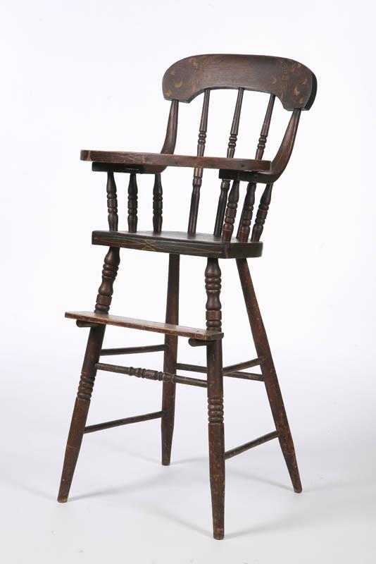 Appraisal: HIGH CHAIR Paint decorated spindle back chair with tray on