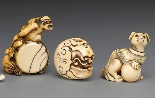 Appraisal: Three ivory studies th Century The first of Raijin the