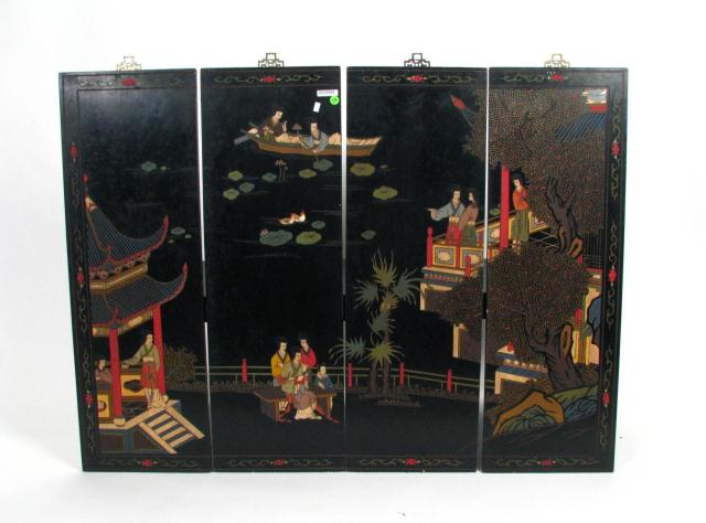 Appraisal: Four Oriental black lacquered scenic screen panels depicting Geishas in