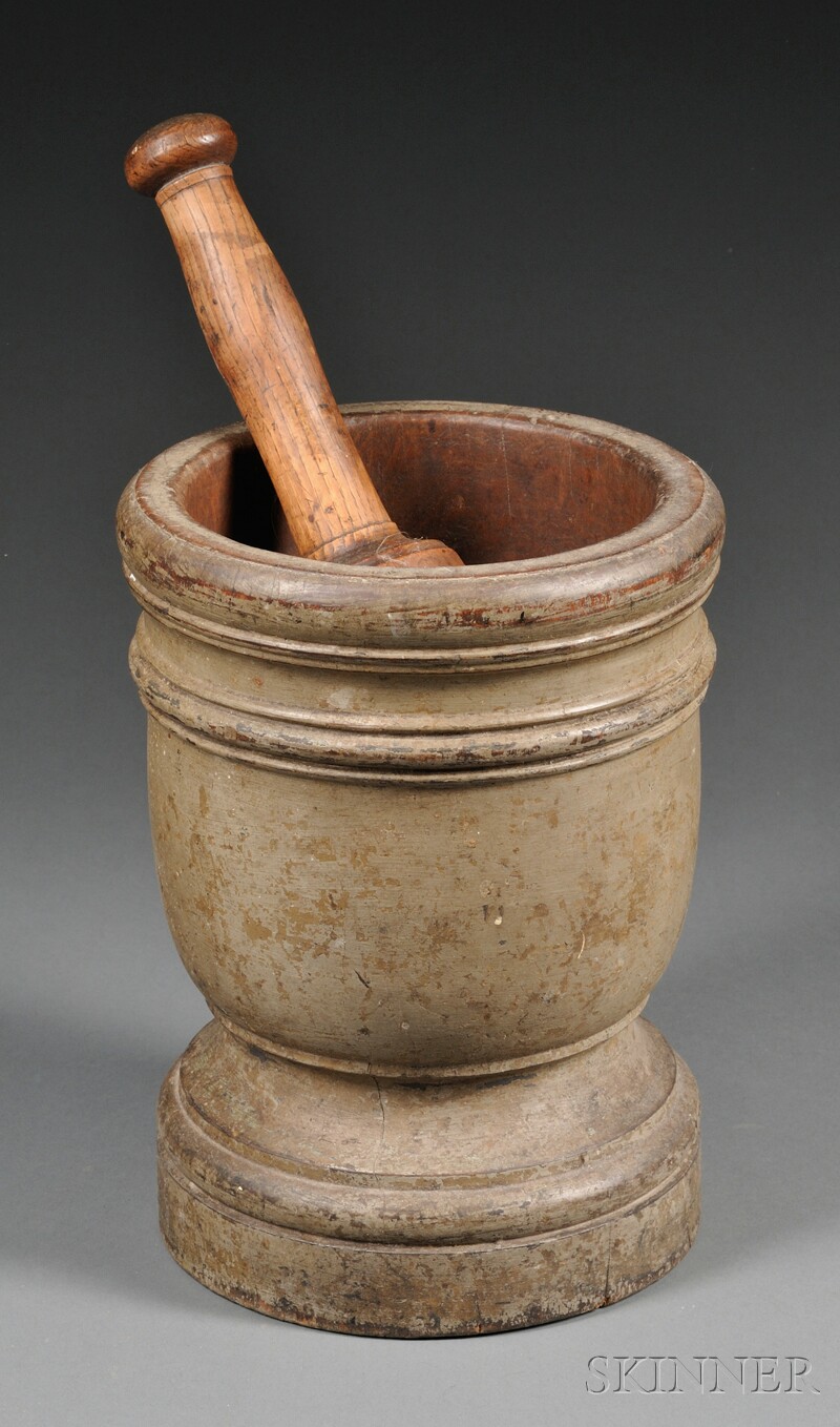 Appraisal: Large Turned Gray-painted Wood Mortar and Pestle America early th