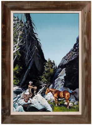 Appraisal: Oleg Stavrowsky painting American born titled verso Lazy Canyon cowboy