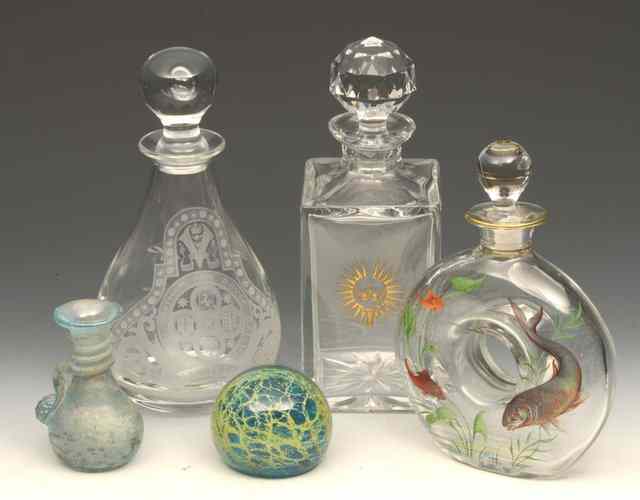 Appraisal: A GLASS DECANTER of circular form painted in enamel colouring