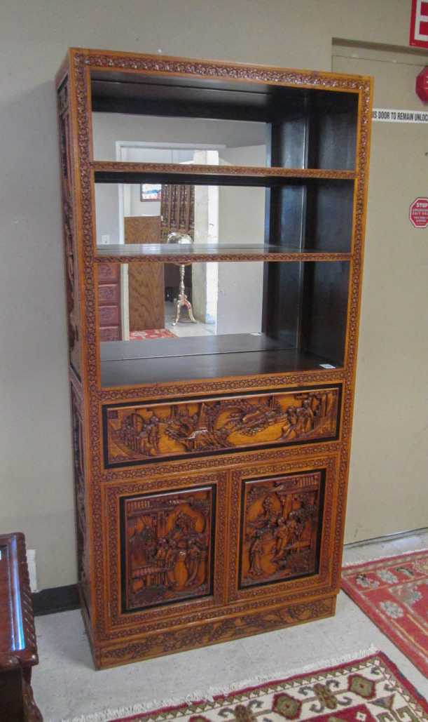 Appraisal: HIGHLY CARVED TEAKWOOD DISPLAY CABINET Hong Kong th century having