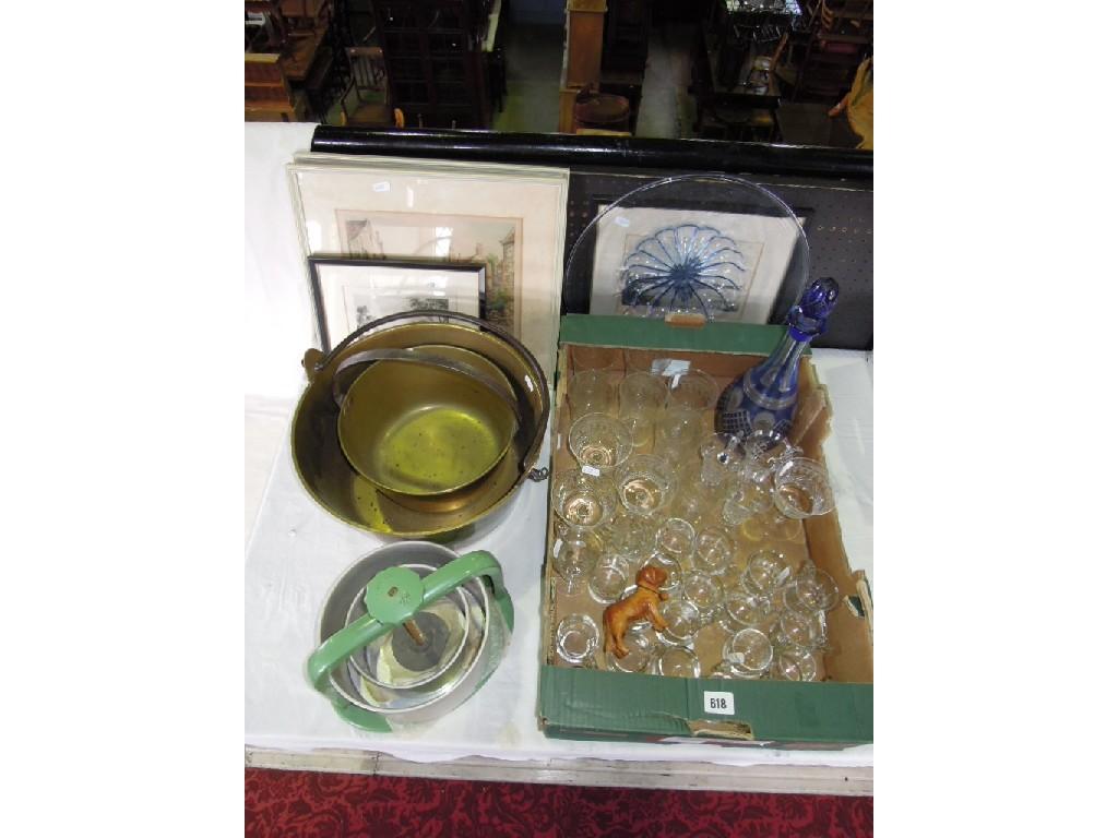 Appraisal: A selection of items including two brass preserving pans with