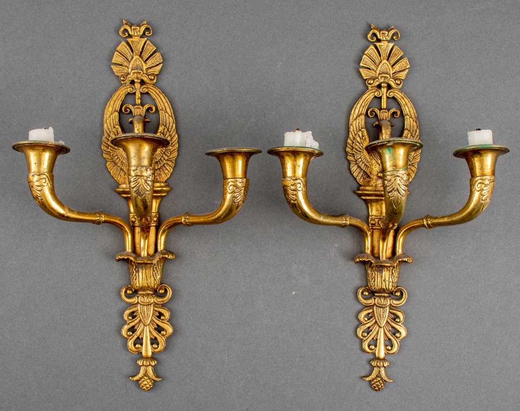 Appraisal: FRENCH EMPIRE GILT BRONZE SWAN SCONCES PR French Empire pair