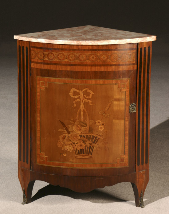 Appraisal: Louis XV-XVI Style Marquetry Kingwood and Tulipwood Encoignure Circa Having