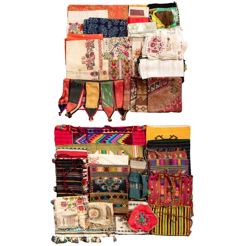 Appraisal: ETHNOGRAPHIC TEXTILE ASSORTMENTApproximately items including printed tapestry and embroidered bags