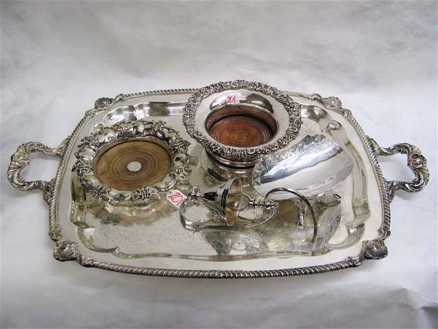 Appraisal: FOUR SILVER PLATED ITEMS large double handle serving tray in