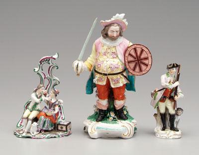 Appraisal: Three porcelain figurines one Meissen hunter with dog blue crossed