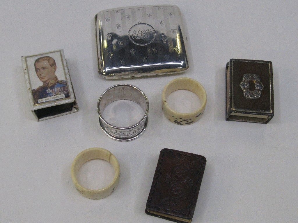 Appraisal: Lot comprising silver cigarette case napkin ring matchbox holders etc