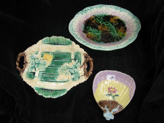 Appraisal: Majolica Pottery Dishes leaf fan and floral on fence