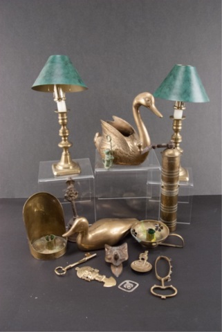 Appraisal: Fifteen Brass Items Includes Pair of candlesticks with shade adapters