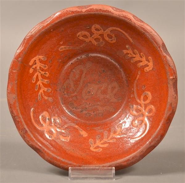 Appraisal: th Cent Glazed Redware Bowl with Slip Dec th Century