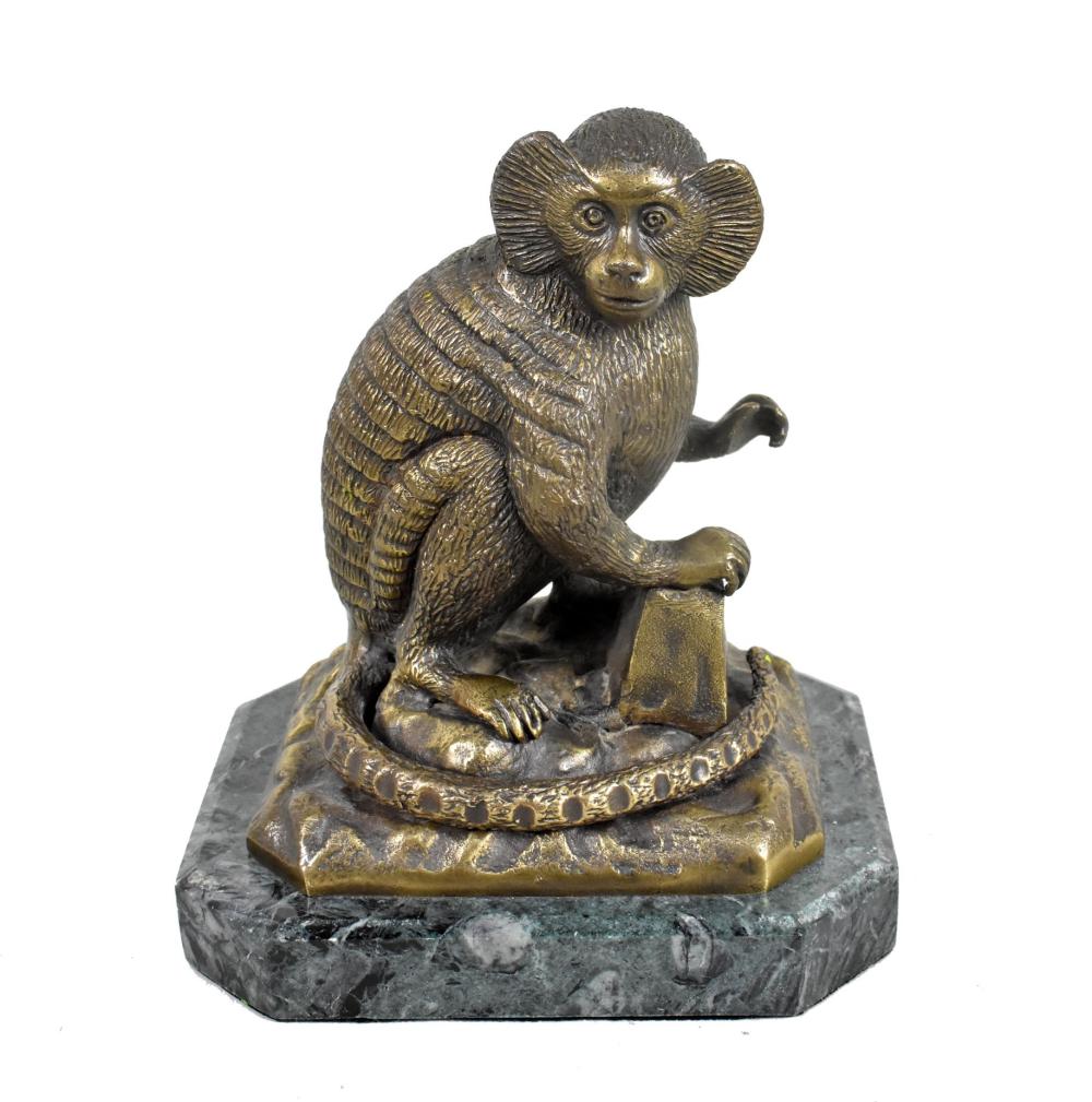 Appraisal: BRONZE MONKEY ATOP A MARBLE BASE height in width in