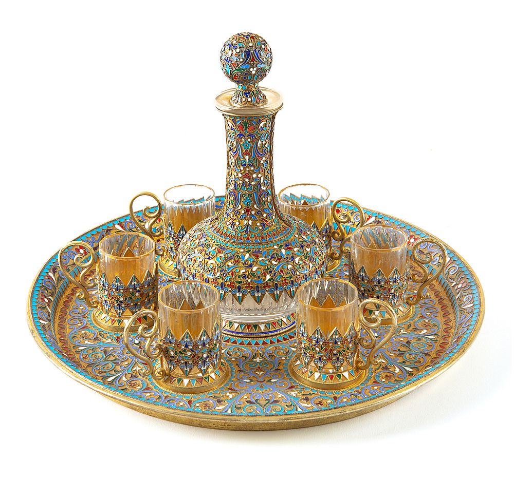 Appraisal: A RUSSIAN GILT SILVER AND CLOISONNE ENAMEL-MOUNTED GLASS VODKA SET