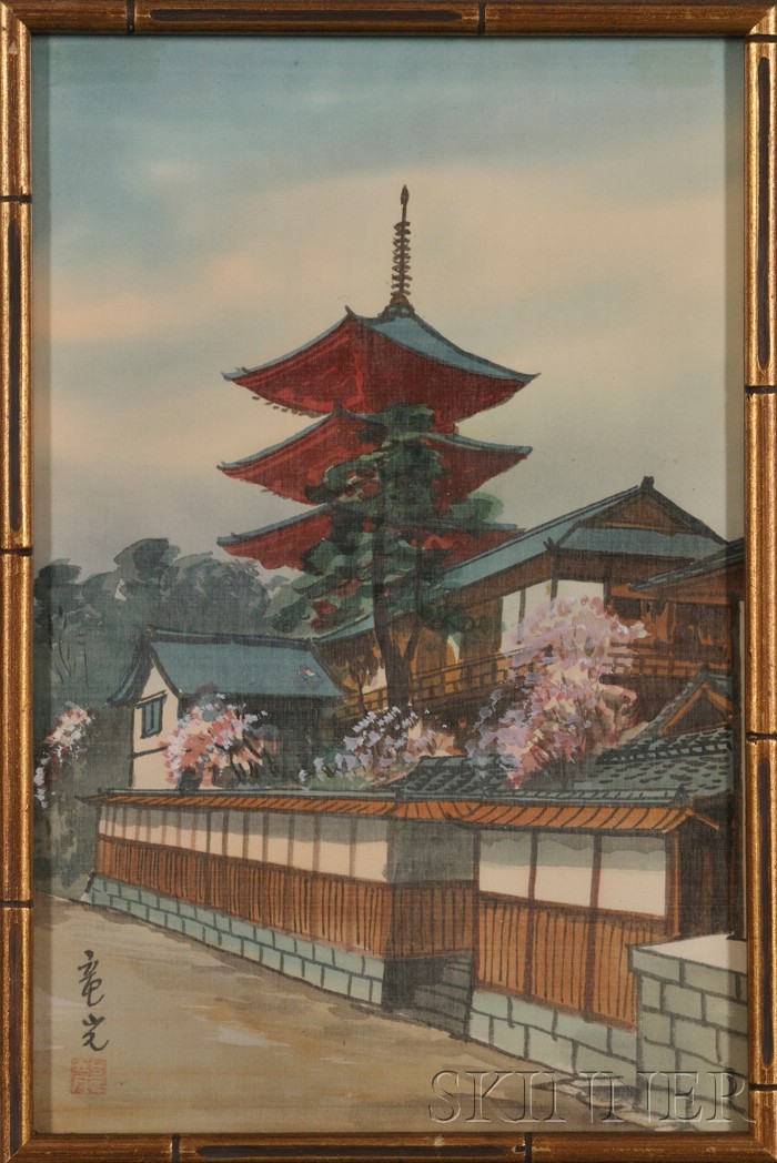 Appraisal: Painting Japan th century pagoda and temple grounds watercolor on