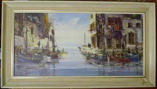 Appraisal: Jorge Aguilar oil on canvas Fishing boats in harbour signed