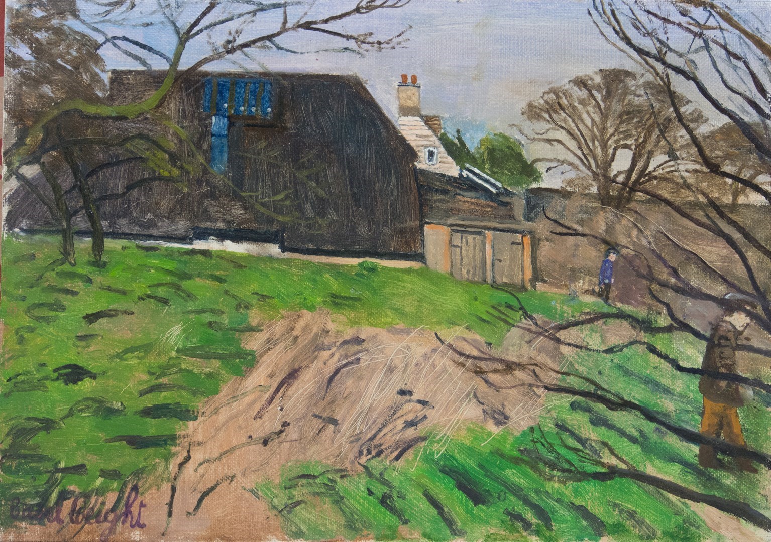 Appraisal: Carel Weight - Figures near a barn oil on canvasboard