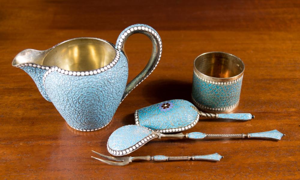 Appraisal: FIVE SIMILAR ITEMS OF TURQUOISE ENAMEL SILVER Russian cream pitched