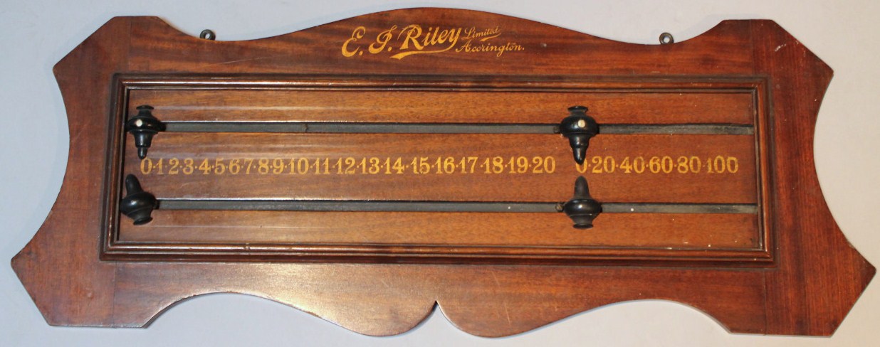 Appraisal: A thC mahogany E J Riley snooker scoreboard in an