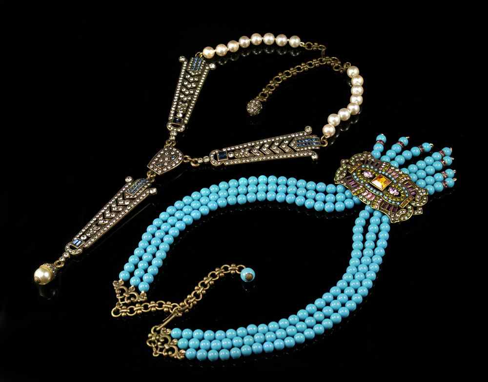 Appraisal: HEIDI DAUS NECKLACES Three row faux turquoise beads with ''Femme