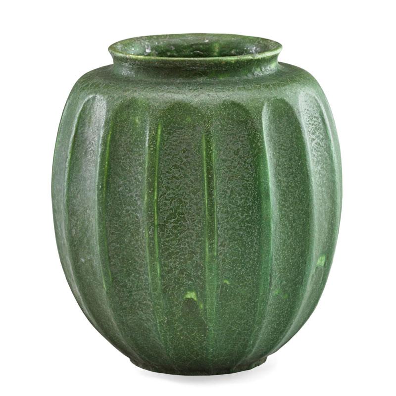 Appraisal: GRUEBY Ribbed vase Condition Report Glazed over chip to rim