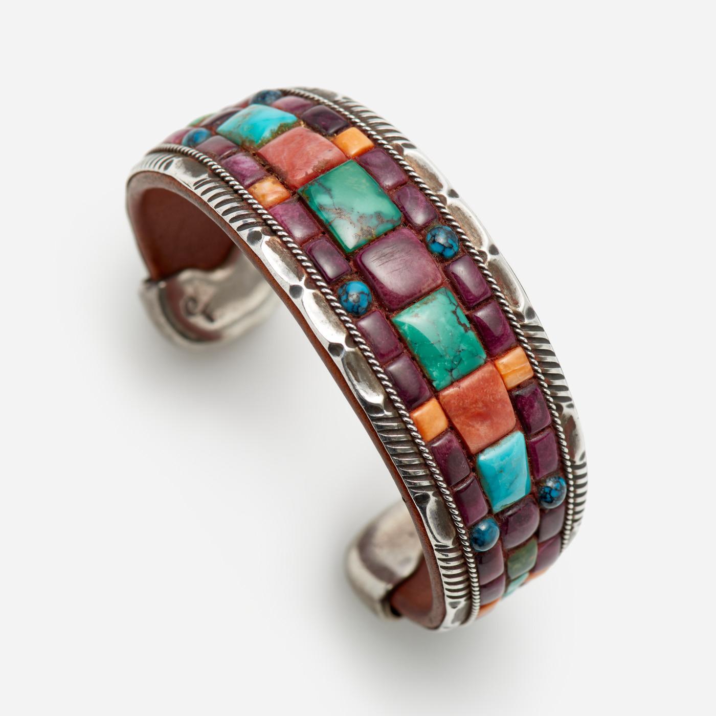 Appraisal: CHARLIE FAVOUR MOSAIC GEMSTONE LEATHER CUFF Charlie Favour Arizona b