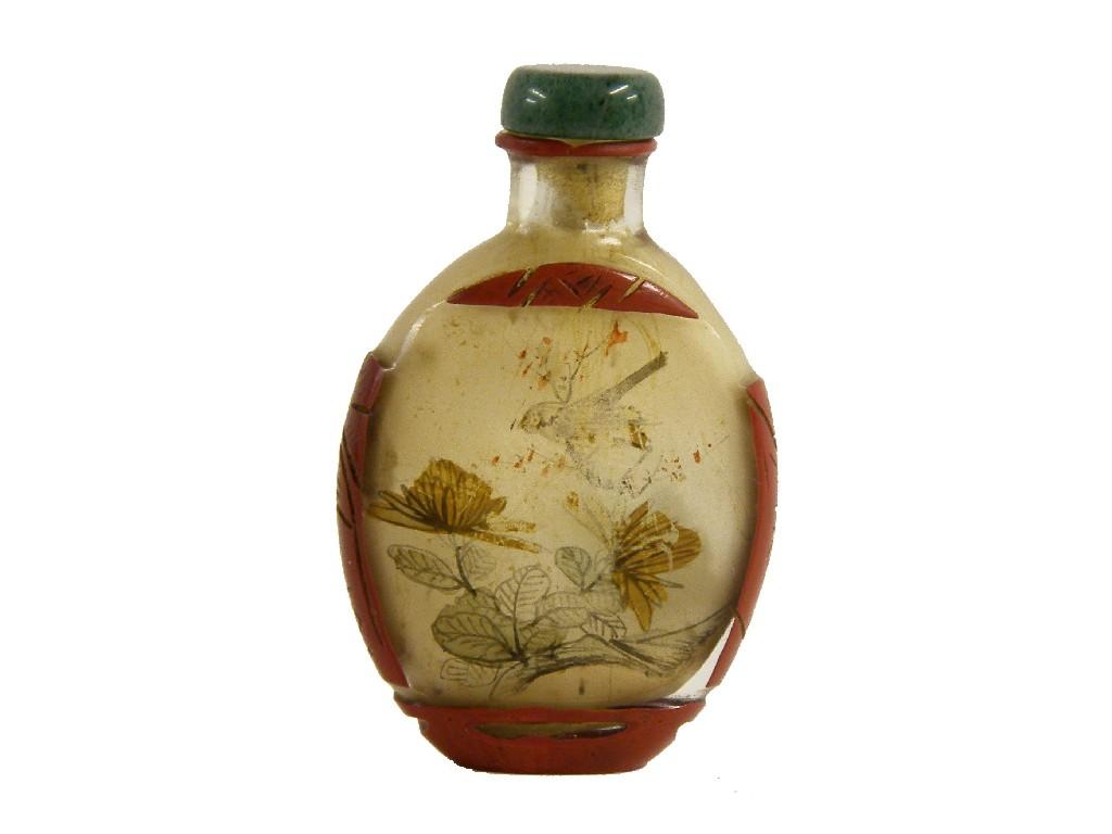 Appraisal: Chinese Peking glass ovoid red overlay snuff bottle internally painted