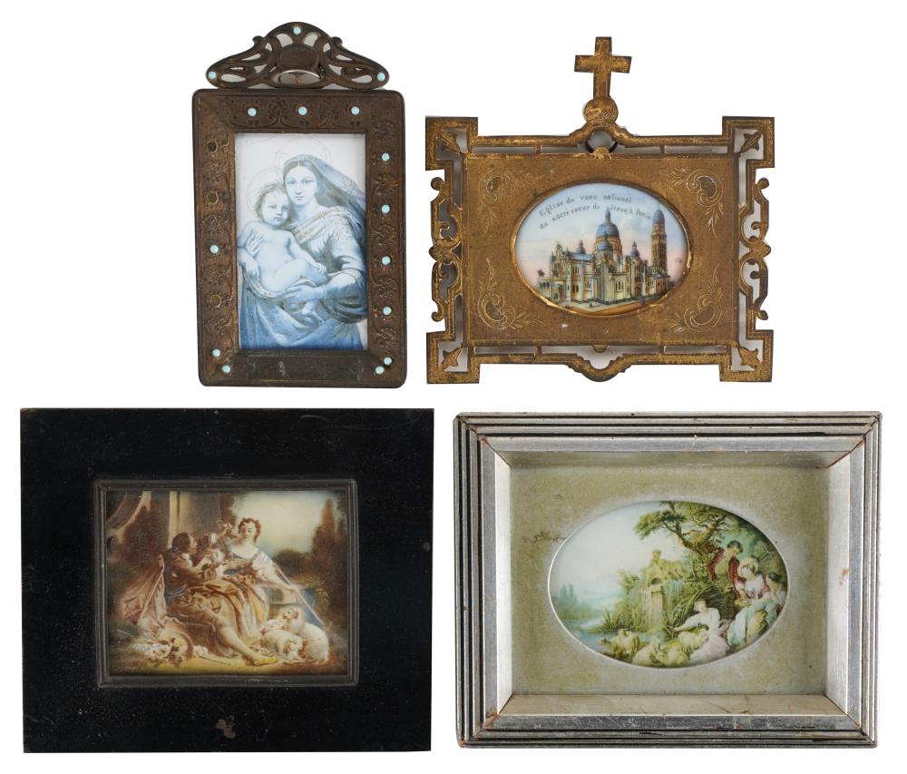 Appraisal: FOUR FRAMED MINIATUREScomprising one enameled plaque depicting Sacre Coeur Paris