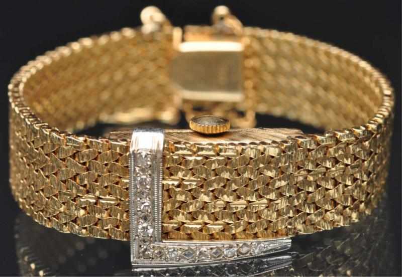 Appraisal: K Gold Ladies Wrist Watch Attached band Flip lid Geneve