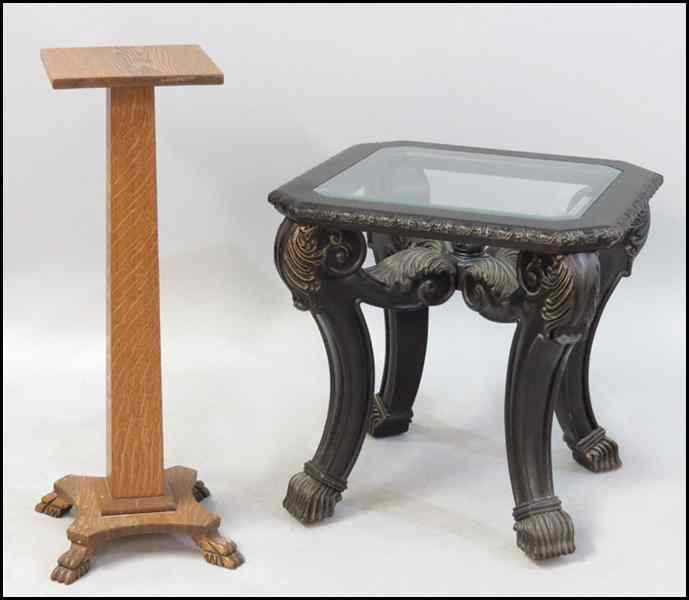 Appraisal: OAK PEDESTAL Together with a glass top table Table ''