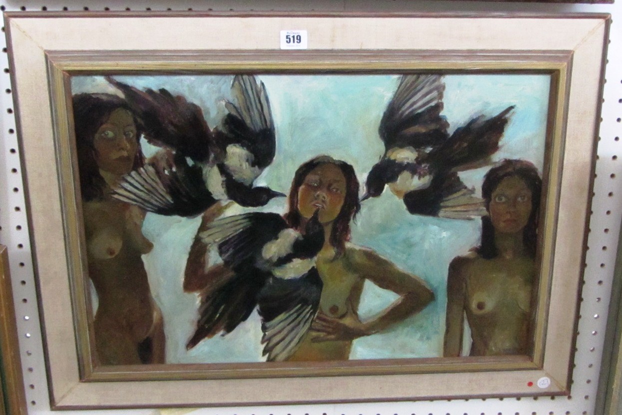 Appraisal: Diane Hills th century Three magpies three self portraits oil