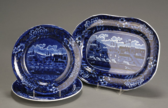 Appraisal: Pair of Staffordshire Historical Dark-Blue Transfer-Decorated Plates and a Platter