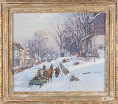 Appraisal: Snow scene Center Bridge Pennsylvania oil on canvas x SLR