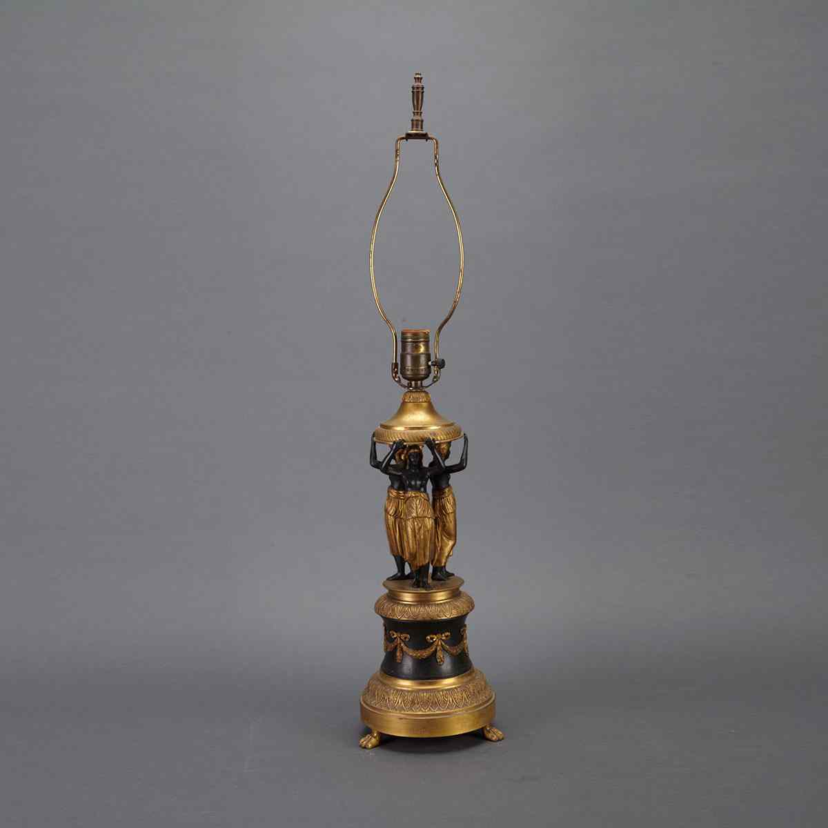 Appraisal: French Empire Style Gilt and Patinated Bronze Figural Table Lamp