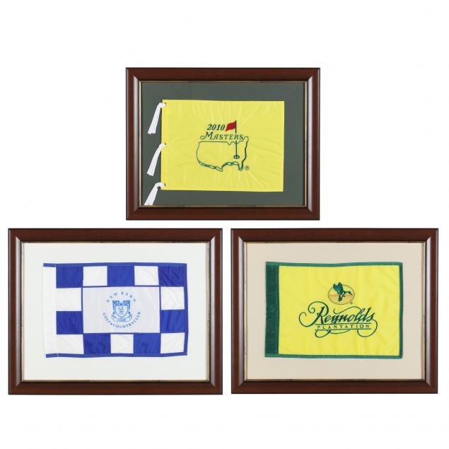 Appraisal: THREE FRAMED GOLF HOLE FLAGS The Masters New Bern Golf