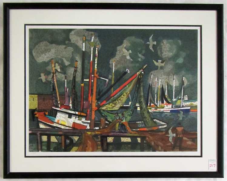 Appraisal: MILLARD SHEETS COLOR LITHOGRAPH California - Fishing boats in San