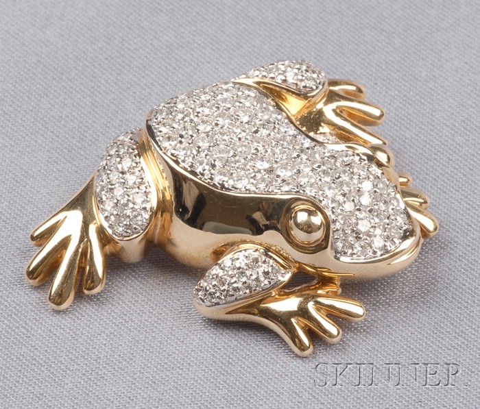 Appraisal: kt Gold and Diamond Frog Brooch pave-set with full-cut diamonds