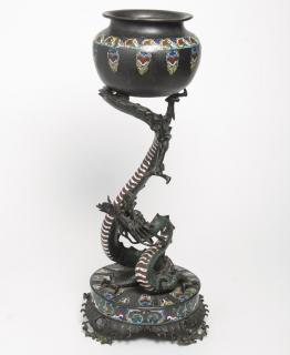 Appraisal: Japanese Champleve Bronze Dragon Japanese bronze bowl with champleve enamel