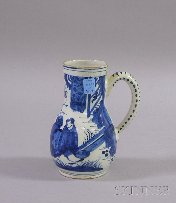 Appraisal: Blue and White Delftware Tankard with Chinoiserie Decoration early th