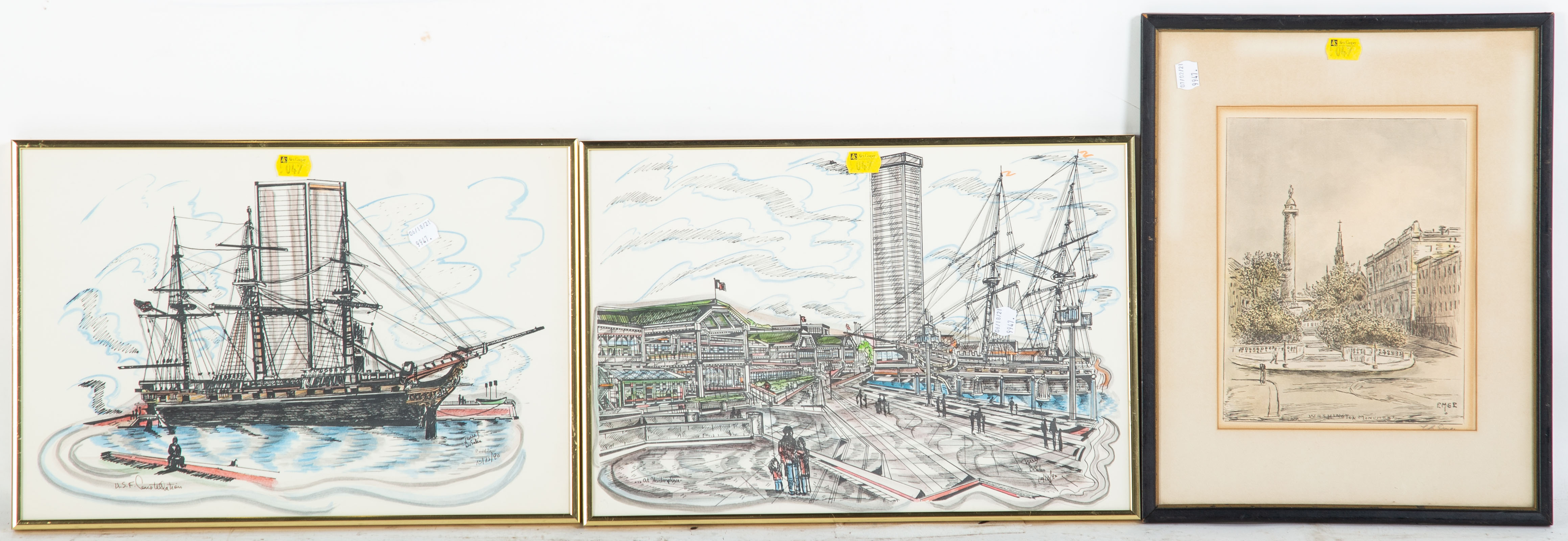 Appraisal: THREE FRAMED BALTIMORE THEMED ARTWORKS Including two hand colored prints