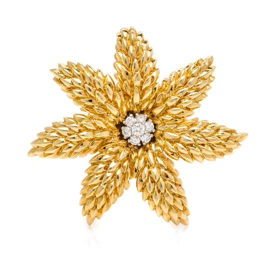 Appraisal: Sale Lot An Karat Yellow Gold and Diamond Flower Brooch